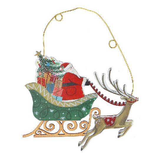 Wood Nostalgic Santa Green Sleigh, Wire Loop 11cm *ETA Nov